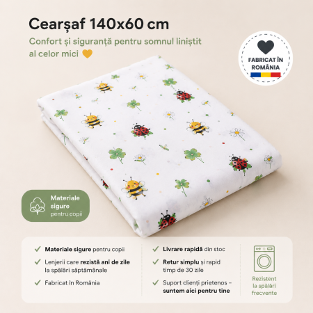 Cearșaf bumbac 100%, pătuț incastrabil grădiniță 140x60 cm, model cu buburuze și albinuțe [3]