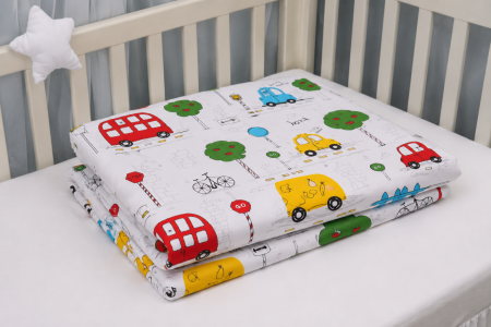 Cearșaf bumbac 100%, pătuț incastrabil grădiniță 140x60 cm, model mașinuțe [2]