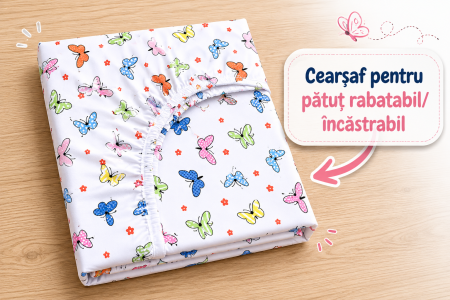 Cearșaf bumbac 100%, pătuț incastrabil grădiniță 140x60 cm, model cu fluturași [3]