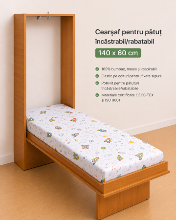 Cearșaf bumbac 100%, pătuț incastrabil grădiniță 140x60 cm, model cu rachete [1]