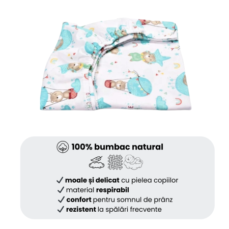 Cearsaf bumbac 100%, pătuț incastrabil grădinită 140x60 cm, model ursuleți în balon [3]
