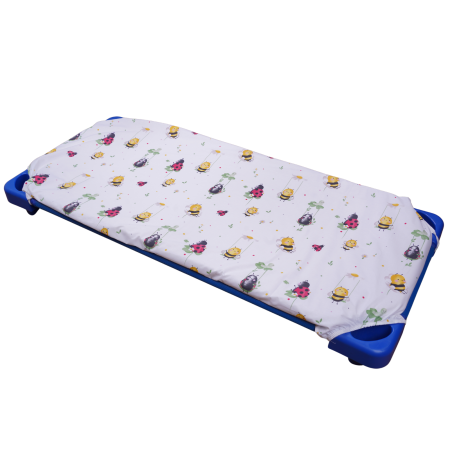 Cearceaf Pat Stivuibil - Cearșaf cu elastic, pat stivuibil grădiniță 131x55x3 cm, bumbac 100%, moale și fin, multicolor, model buburuze și albinuțe