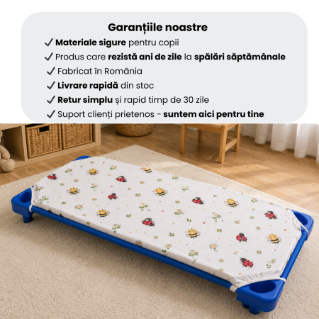 Cearșaf cu elastic, pat stivuibil grădiniță 131x55x3 cm, bumbac 100%, moale și fin, multicolor, model buburuze și albinuțe [3]