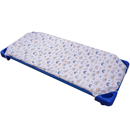 Cearceaf Pat Stivuibil - Cearșaf cu elastic, pat stivuibil grădiniță 131x55x3 cm, bumbac 100%, moale și fin, multicolor, model curcubee