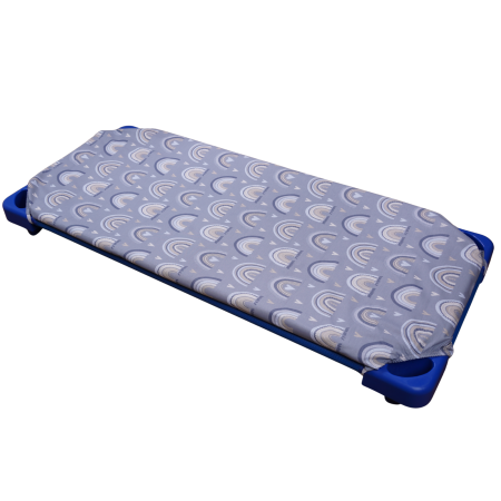 Cearceaf Pat Stivuibil - Cearșaf cu elastic, pat stivuibil grădiniță 131x55x3 cm, bumbac 100%, moale și fin, multicolor, model curcubee bleu
