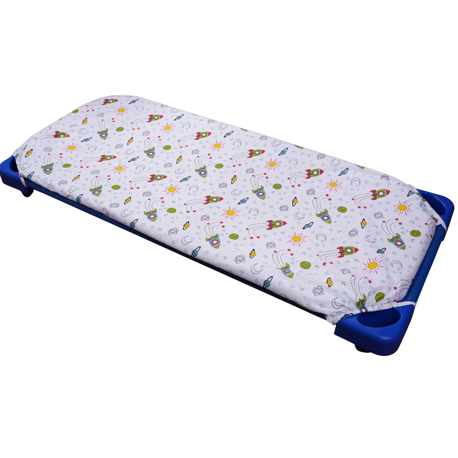 Cearceaf Pat Stivuibil - Cearșaf cu elastic, pat stivuibil grădiniță 131x55x3 cm, bumbac 100%, moale și fin, multicolor, model rachete