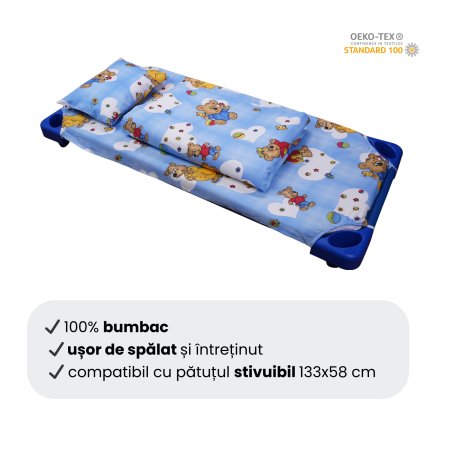 Cearșaf pătuț stivuibil grădiniță sau creșă 131x55 cm, bumbac Standard, model ursuleți pe fond bleu [2]