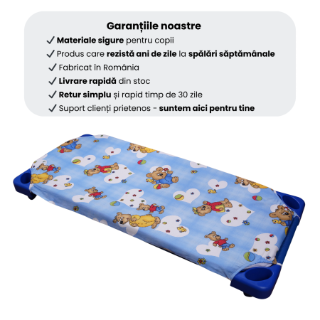 Cearșaf pătuț stivuibil grădiniță sau creșă 131x55 cm, bumbac Standard, model ursuleți pe fond bleu [5]