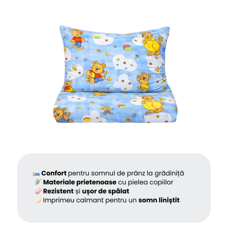 Cearșaf pătuț stivuibil grădiniță sau creșă 131x55 cm, bumbac Standard, model ursuleți pe fond bleu [3]
