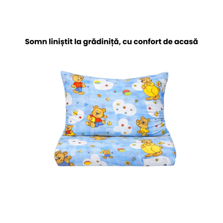 Cearșaf pătuț stivuibil grădiniță sau creșă 131x55 cm, bumbac Standard, model ursuleți pe fond bleu [1]
