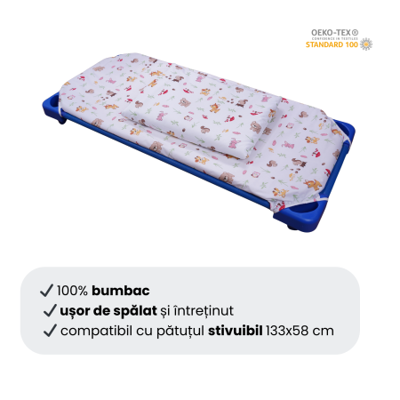 Cearșaf pătuț stivuibil grădiniță sau creșă 133x58 cm, bumbac 100%, model Animăluțe și Ciuperci [2]