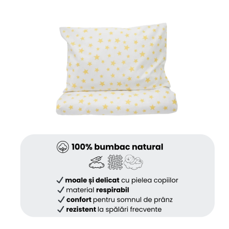 Cearșaf pătuț stivuibil grădiniță sau creșă 133x58 cm, bumbac 100%, model Steluțe galbene [4]