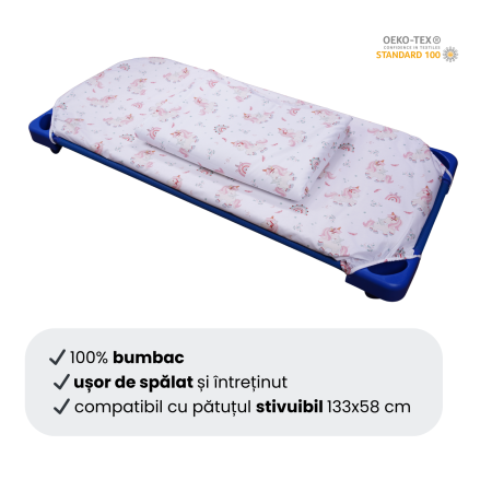 Cearșaf pătuț stivuibil grădiniță sau creșă 133x58 cm, bumbac 100%, model Unicorni [2]