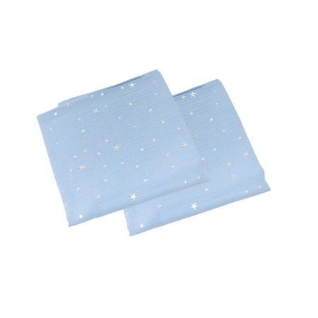 Paturici Muselina Bebelusi Certificata GOTS - Editie Limitata: Set 2 museline bumbac organic culoare bleu cu stelute argintii 75x75 cm