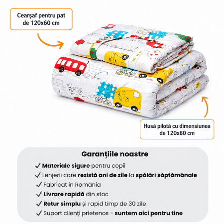 Lenjerie 2 piese pătuț bebeluși creșă, bumbac 100%, model mașinuțe, 120x60 cm [4]