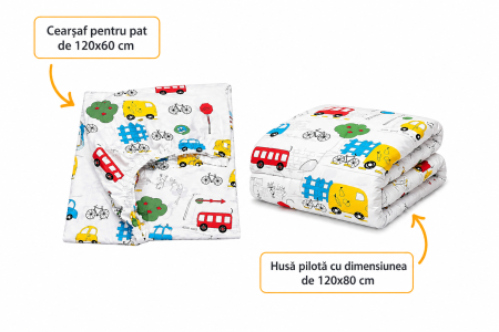 Lenjerie 2 piese pătuț bebeluși creșă, bumbac 100%, model mașinuțe, 120x60 cm [1]