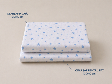 Lenjerie 2 piese pătuț bebeluși creșă, bumbac 100%, model steluțe bleu, 120x60 cm [1]