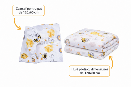 Lenjerie 2 piese pătuț bebeluși creșă, bumbac 100% model Albinuțe, 120x60 cm [1]