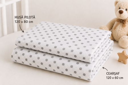 Lenjerie 2 piese pătuț creșă, model bulinuțe gri, 120x60 cm [1]