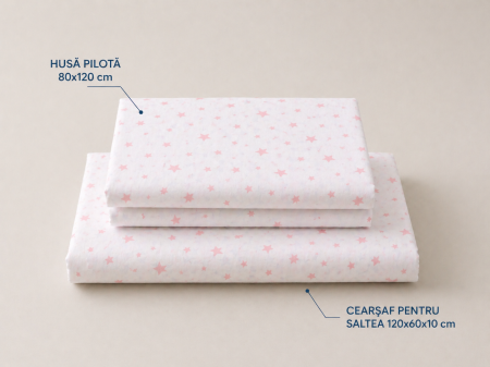 Lenjerie 2 piese pătuț bebeluși creșă, bumbac 100% model steluțe roz, 120x60 cm [1]