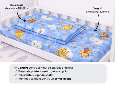 Lenjerie 2 piese pătuț creșă, model ursuleți pe fond bleu, 120x60 cm [2]