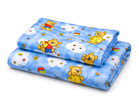 Lenjerie 2 piese pătuț creșă, model ursuleți pe fond bleu, 120x60 cm