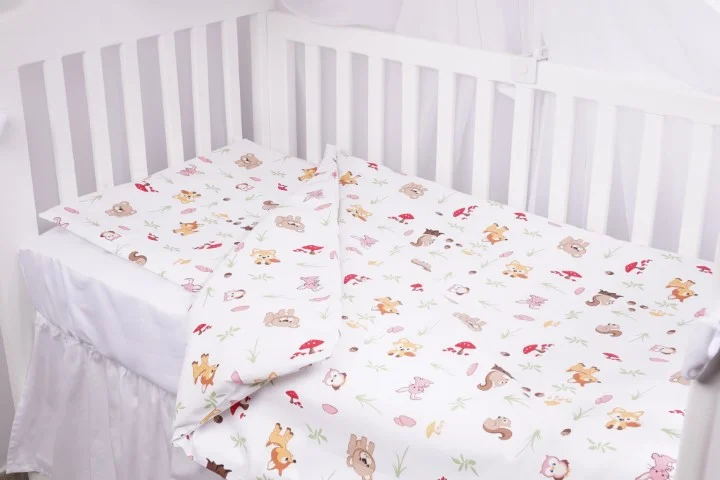 Lenjerii Pat Copii 1 Persoana - Lenjerie 2 piese pătuț creșă, model animăluțe și ciuperci, 120x60 cm