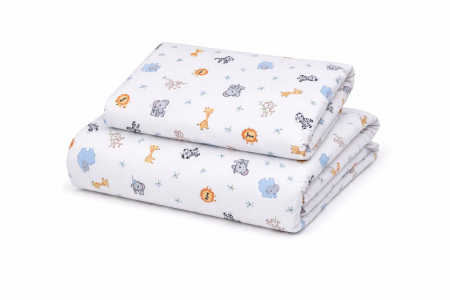 Lenjerie 2 piese pătuț incastrabil(140x60 cm) pentru grădiniță sau creșă, bumbac 100%, model Animăluțe Safari