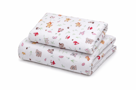 Lenjerie 2 piese pătuț incastrabil(140x60 cm) pentru grădiniță sau creșă, bumbac 100%, model Animăluțe și Ciuperci