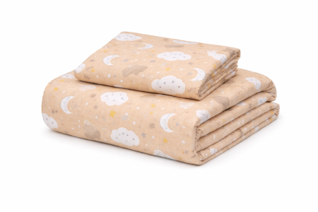 Lenjerie 2 piese pătuț incastrabil(140x60 cm) pentru grădiniță sau creșă, bumbac 100%, model Norișori maro