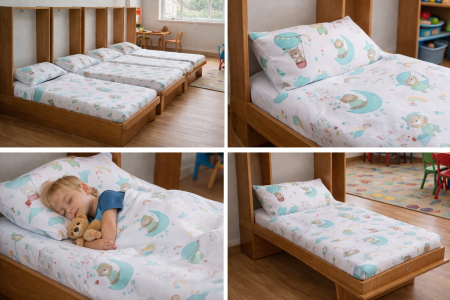 Lenjerie 2 piese pătuț incastrabil(140x60 cm) pentru grădiniță sau creșă, bumbac 100%, model Ursuleți în balon [4]