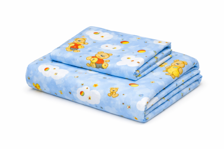 Lenjerie 2 piese pătuț incastrabil(140x60 cm) pentru grădiniță sau creșă, bumbac standard, model Ursuleți pe fond bleu