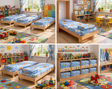 Lenjerie 2 piese pătuț incastrabil(140x60 cm) pentru grădiniță sau creșă, bumbac standard, model Ursuleți pe fond bleu [2]