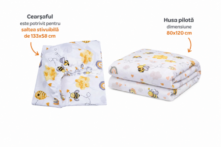 Lenjerie 2 piese pătuț stivuibil 133x58 cm grădiniță sau creșă, bumbac 100%, model albinuțe [1]