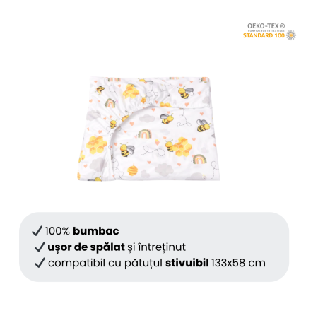 Lenjerie 2 piese pătuț stivuibil 133x58 cm grădiniță sau creșă, bumbac 100%, model albinuțe [3]