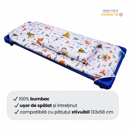 Lenjerie 2 piese pătuț stivuibil(133x58 cm) pentru grădiniță sau creșă, bumbac 100%, model Animăluțe [3]