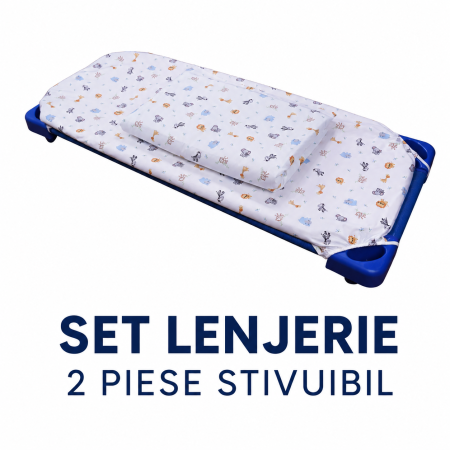 Lenjerie 2 piese pătuț stivuibil(133x58 cm) pentru grădiniță sau creșă, bumbac 100%, model Animăluțe safari [1]