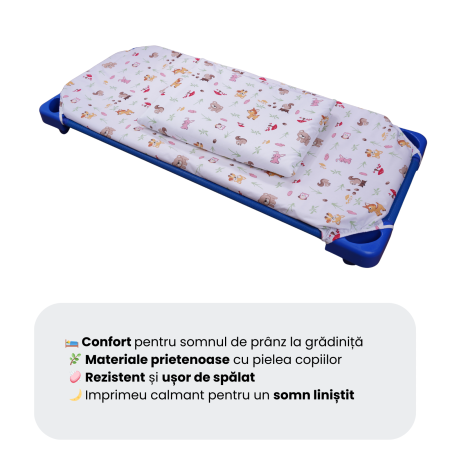 Lenjerie 2 piese pătuț stivuibil(133x58 cm) pentru grădiniță sau creșă, bumbac 100%, model Animăluțe și Ciuperci [1]
