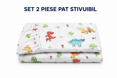 Lenjerie 2 piese pătuț stivuibil (133x58 cm) pentru grădiniță sau creșă, bumbac 100%, model Dinozauri [2]