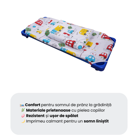 Lenjerie 2 piese pătuț stivuibil(133x58 cm) pentru grădiniță sau creșă, bumbac 100%, model Mașinuțe [1]