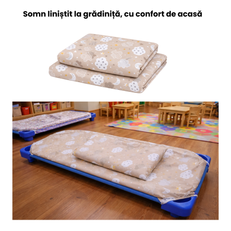Lenjerie 2 piese pătuț stivuibil (133x58 cm) pentru grădiniță sau creșă, bumbac 100%, model Norișori maro [1]