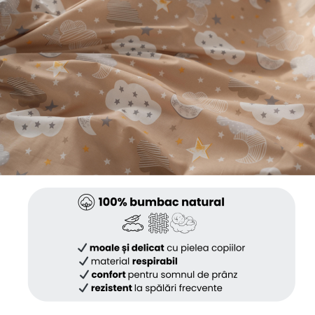 Lenjerie 2 piese pătuț stivuibil (133x58 cm) pentru grădiniță sau creșă, bumbac 100%, model Norișori maro [7]