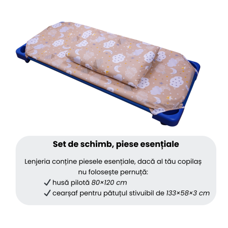 Lenjerie 2 piese pătuț stivuibil (133x58 cm) pentru grădiniță sau creșă, bumbac 100%, model Norișori maro [4]