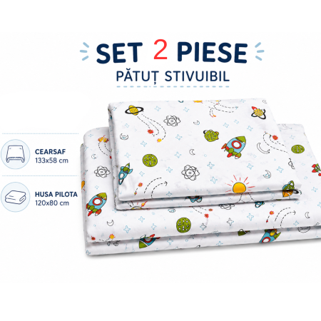 Lenjerie 2 piese pătuț stivuibil (133x58 cm) pentru grădiniță sau creșă, bumbac 100%, model Rachete [2]