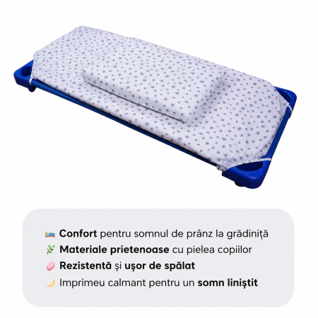 Lenjerie 2 piese pătuț stivuibil(133x58 cm) pentru grădiniță sau creșă, bumbac 100%, model Steluțe bleu [1]