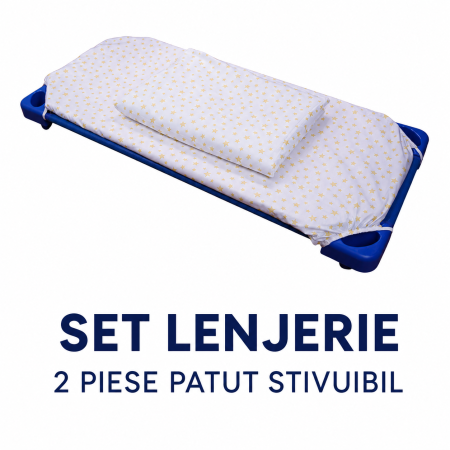 Lenjerie 2 piese pătuț stivuibil(133x58 cm) pentru grădiniță sau creșă, bumbac 100%, model Steluțe galbene [1]