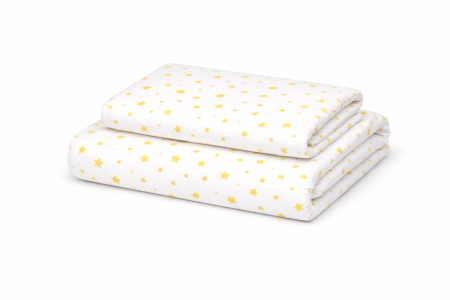 Lenjerie 2 piese pătuț stivuibil(133x58 cm) pentru grădiniță sau creșă, bumbac 100%, model Steluțe galbene