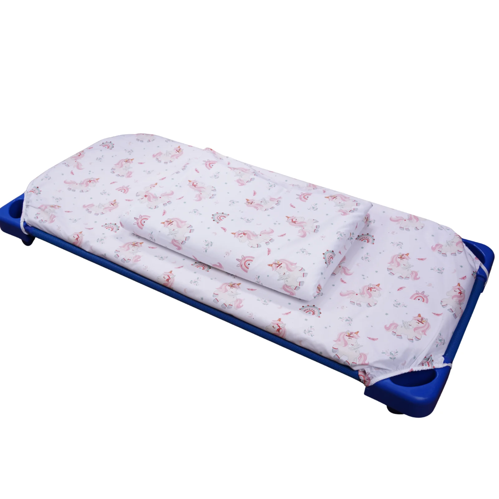 Lenjerie 2 piese pătuț stivuibil(133x58 cm) pentru grădiniță sau creșă, bumbac 100%, model Unicorni