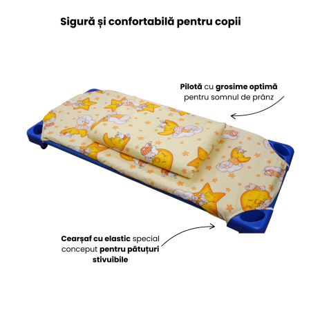Lenjerie 2 piese pătuț stivuibil(133x58 cm) pentru grădiniță sau creșă, bumbac 100%, model Ursuleți pe fond galben [3]