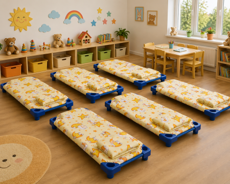 Lenjerie 2 piese pătuț stivuibil(133x58 cm) pentru grădiniță sau creșă, bumbac 100%, model Ursuleți pe fond galben [2]